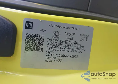 2022 Chevrolet Corvette Stingray Rwd 3Lt из США, поврежденный, VIN 1G1YC3D49N5121072